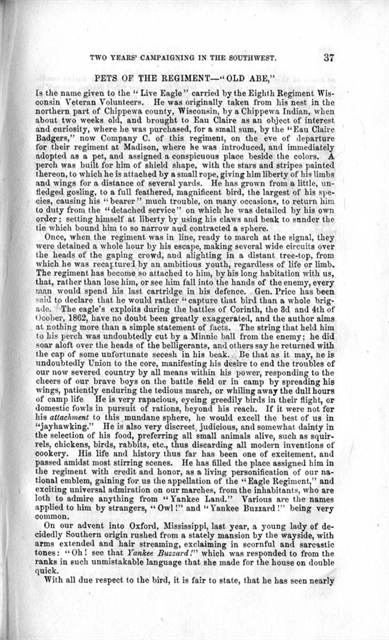 Opening of the Mississippi: George Driggs was Sergeant Major of Co. E if the 8th Infantry, the highest-ranking enlisted man in the unit. His duties included keeping the company’s records and caring for its ceremonial flag. He wrote this book in 1864, before the war had ended. Its first 48 pages contain a straightforward chronological account, rosters, orders, and descriptions of Old Abe (pages 37-43), the bald eagle carried as a mascot by his regiment.