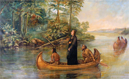 Oil painting of Marquette and Joliet in a canoe.