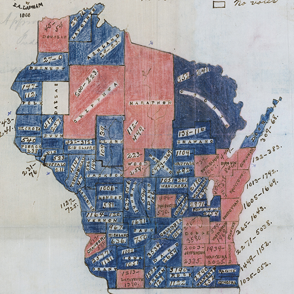 Hand-drawn and colored maps of Wisconsin showing how each county voted in the gubernatorial race of 1865, and on a referendum regarding suffrage for African-Americans on the same ballot.