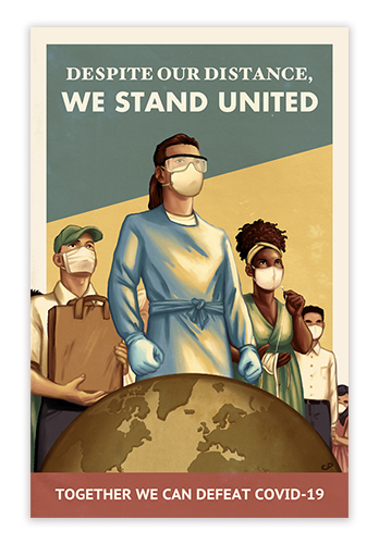 Cat Parra's We Stand United Poster, depicting a group of people wearing masks facing a threat. It is a diverse group adults, children, essential workers, etc