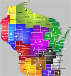 Map displaying the 13 locations for archives research in the state of Wisconsin.